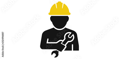 Professional construction worker holding metal wrench wearing yellow hard hat as industrial maintenance repairman character isolated on transparent background for business concept.