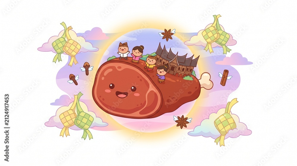Fototapeta premium Kawaii Indonesian Rendang Fantasy Island Illustration with Cute Smiling Beef Rendang, Bone, Minangkabau Rumah Gadang, Children in Traditional Minang Costume, Flying Angel Star A
