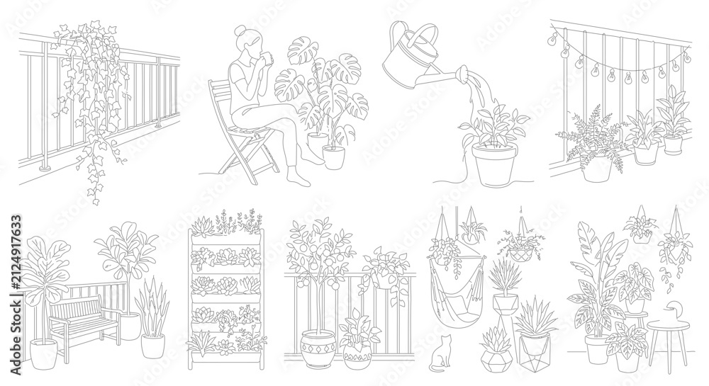 Fototapeta premium Balcony Garden Vector Set, Urban Green Space Illustrations, Cozy Outdoor Living Elements, Minimalist Line Art Decor