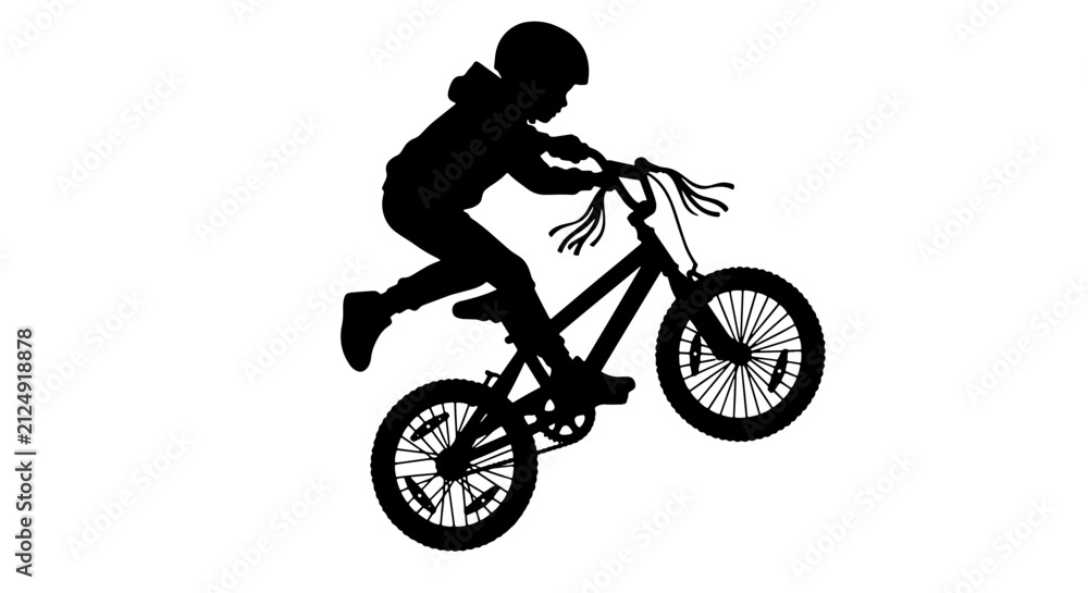 Fototapeta premium Silhouette of a Child Performing a Bicycle Wheelie, Vector Art of Extreme Sports and Outdoor Activity, Dynamic Action Silhouette for Graphic Design
