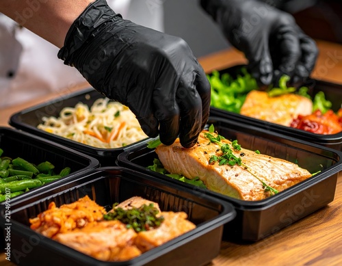 Hands in black gloves arranging ready-to-eat meals in containers on a wooden surface