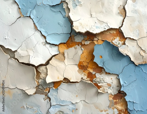 Close-up of peeling paint on a textured wall revealing multiple layers of color
