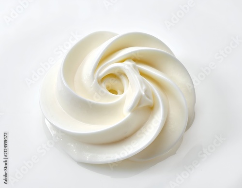 A close-up of a perfectly piped swirl of smooth, white, creamy substance