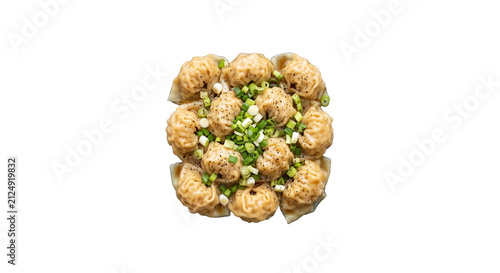 Top view of delicious crispy onion rings topped with green scallions high quality 4K PNG image high quality 4K PNG image in white background