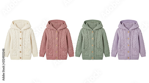 Set of four knitted hoodies in different colors isolated on white background high quality 4K PNG image in white background