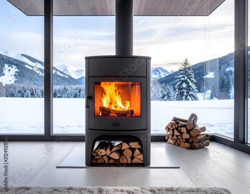 A modern fireplace with burning flames and wintery mountain views through large windows
