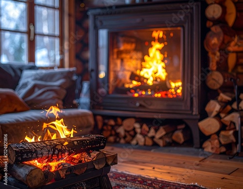 Cozy interior with a fireplace ablaze, soft light, wood logs, and a comfortable sofa