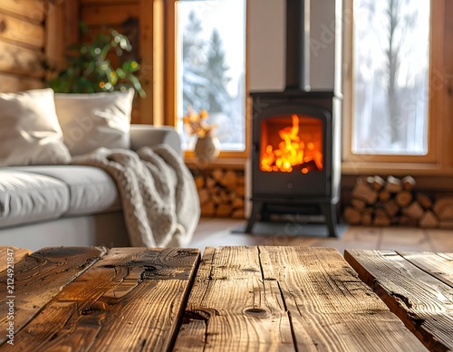 Warm cabin scene with fireplace, sofa, window view, and rustic wooden table in foreground
