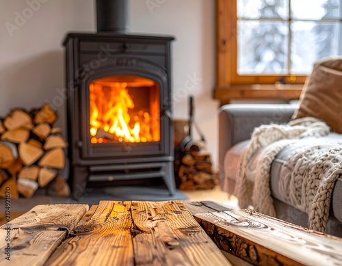 Rustic interior shows a burning stove, firewood, cozy couch, wooden table, and window