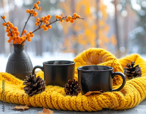 Cozy autumn scene two mugs with steaming beverages, decorative foliage & warm scarf