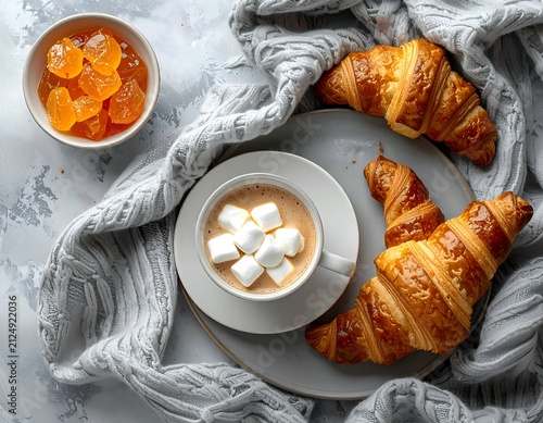 Cozy breakfast scene with coffee, croissants, and marmalade on a textured surface