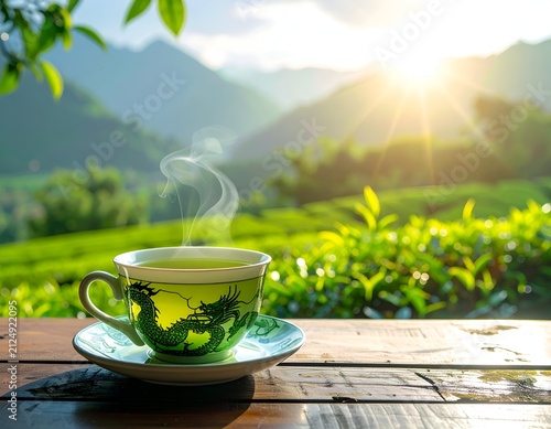 Steaming green tea in a decorative cup, set against a stunning mountain sunrise