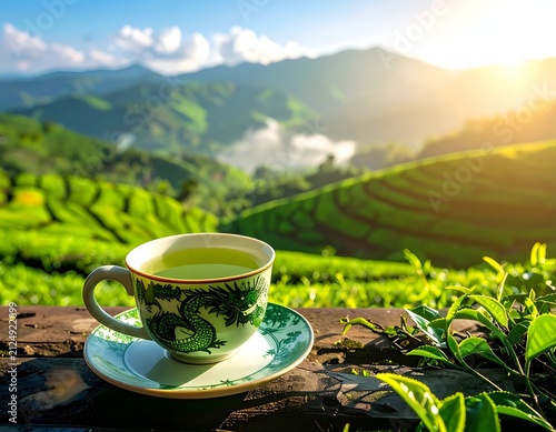 A cup of tea sits on a wooden surface with a lush green tea field behind it