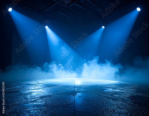 Three blue spotlights illuminate a foggy stage, creating a dramatic, ethereal atmosphere