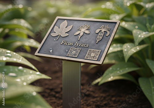 Bronze botanical sign with QR codes in a lush green garden setting