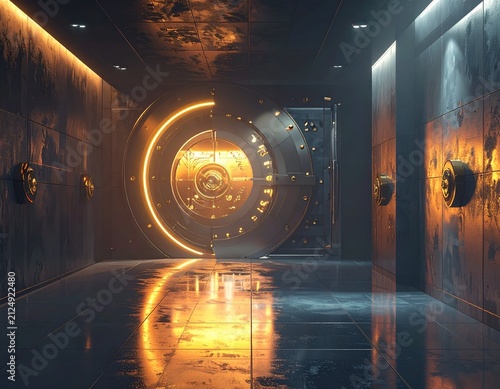 Gleaming futuristic bank vault door and hallway, bathed in warm and cold light