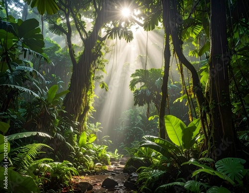 Sunlit rainforest scene. Sunlight streams through canopy. Lush green foliage & moss