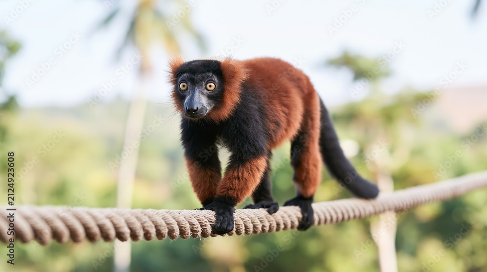 Obraz premium Red ruffed lemur carefully walking on a thick suspended rope with a natural green background, showing balance and concentration
