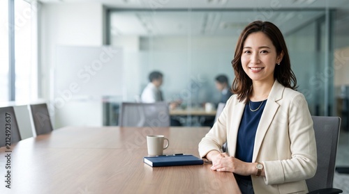 プロフィール写真をイメージした、モダンな企業のオフィスにて、穏やかな笑顔をカメラに向けている20代日本人女性社員のクローズアップ
