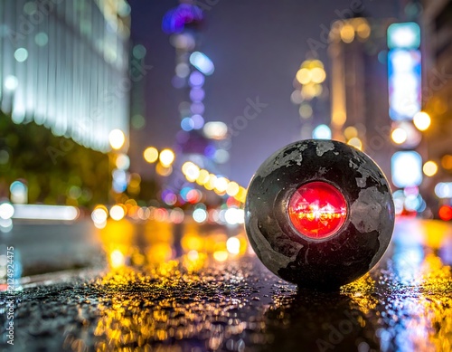 A black orb with a red eye reflects neon city lights on a wet street