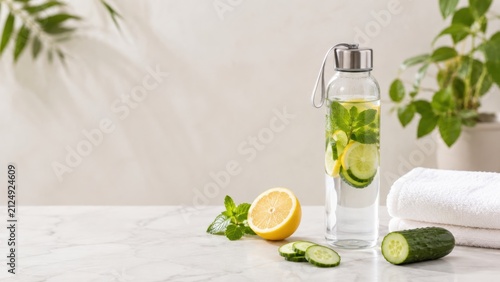  glass water bottle infused with lemon, cucumber, and mint leaves on a marble surface, accompanied by fresh ingredients and a white towel.