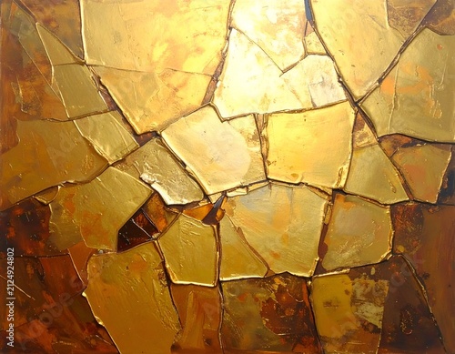 Abstract painting of gold-leaf-like fragments with brown borders; looks like cracked surface