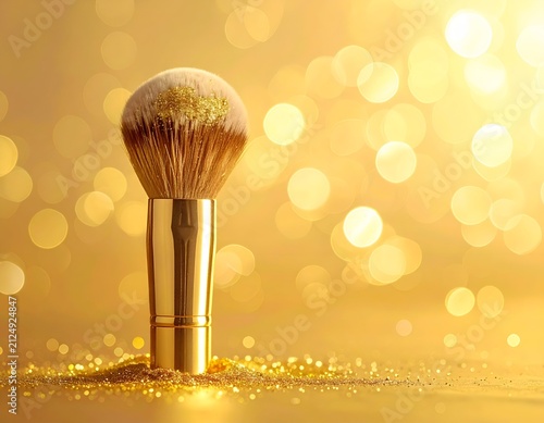 A close-up of a golden makeup brush against a bokeh background, with glitter