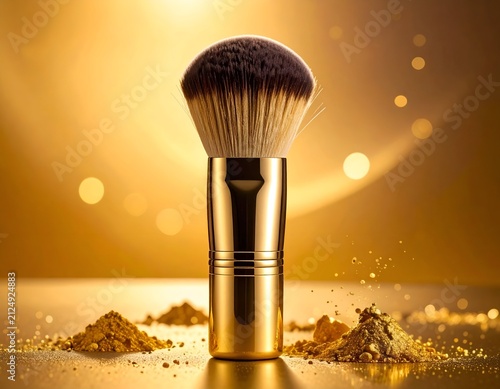 Makeup brush with golden handle & soft bristles, sitting amidst golden powder & bokeh