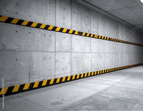 Concrete walls in a long tunnel with safety stripes. Bright and cool with a sense of perspective