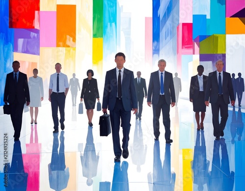 Group of business people walking forward with a colorful abstract background