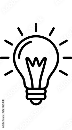 Minimalist light bulb icon, glowing electric lamp line art, creative idea and innovation symbol, black and white conceptual lightbulb graphic