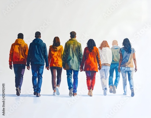 Back view of diverse group walking forward on white background