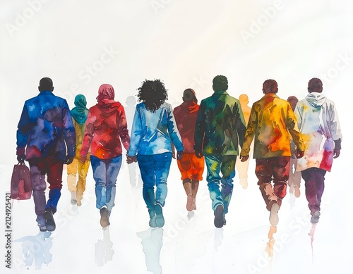 Watercolor of diverse people walking away, vibrant jackets, bright colors, minimalist background