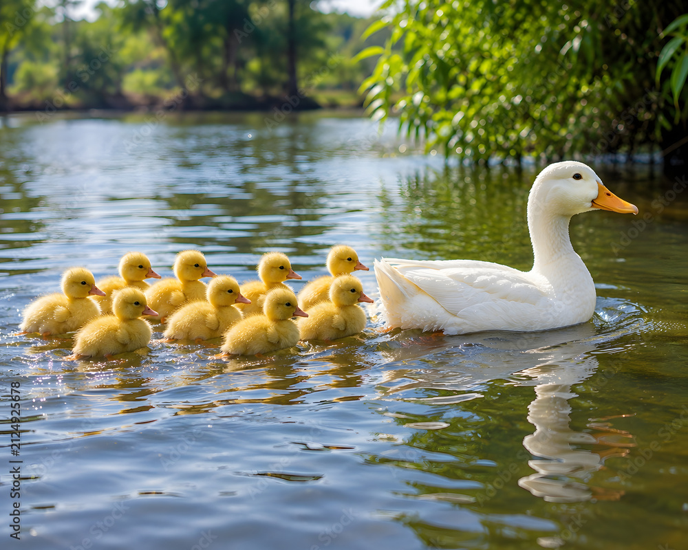 Fototapeta premium Mother duck swimming with ducklings. White duck leading baby birds in a pond.