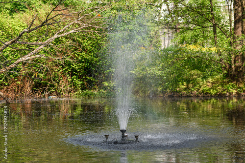 A floating city fountain in a park surrounded by green trees, shooting a jet of water upwards.
