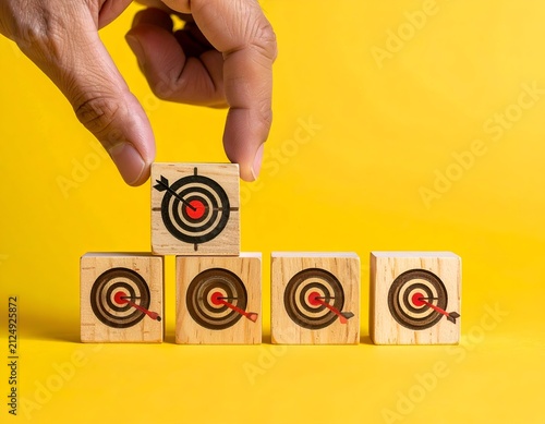 Hand places a block with a bullseye on a stack of blocks with bullseyes, yellow back