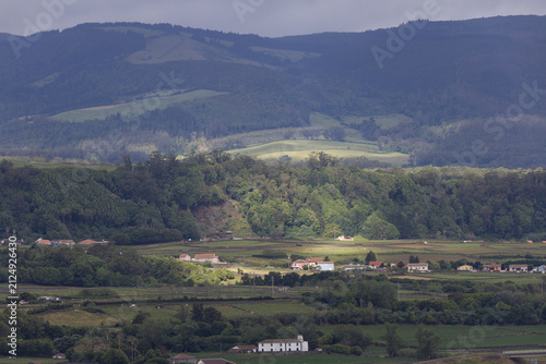 Terceira island rural landscape with village and green fields