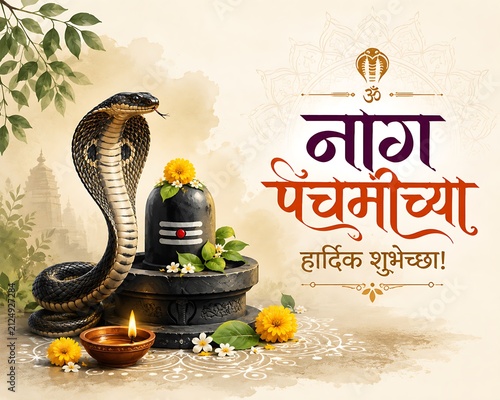 Nag Panchami spiritual festival honoring Lord Shiva and sacred serpents, divine mythology, temple rituals, Hindu devotion, elegant Indian religious celebration banner