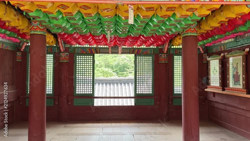Beautiful historic architecture of the interior of Cheongpyeongsa temple at Goryeoseonwon Buddhist Garden decorated with colorful lanterns in the summer