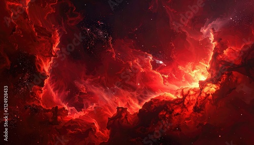 Fiery cosmic cloudscape with a lone spaceship navigating through a nebula, creating a dynamic, intense space scene