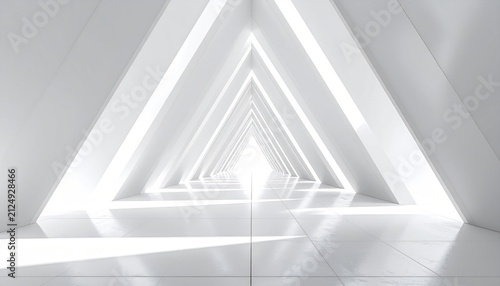 Illuminating triangle corridor made of white panels, perspective shot, bright and clean design