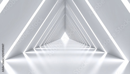 A long, luminous white triangular tunnel with light at the end, reflecting on the glossy floor, conveying a sense of depth