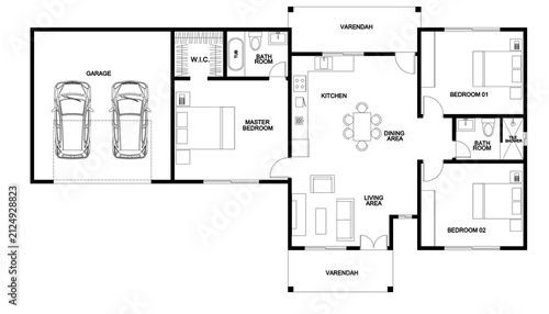 Modern Three Bedroom House Home Architectural Plan With Furniture	