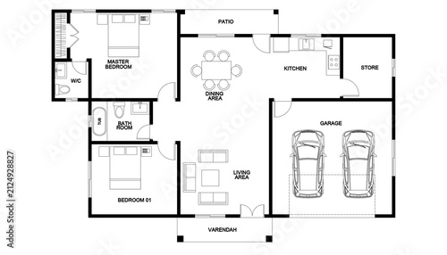 Modern Two Bedroom House Home Architectural Plan With Furniture	