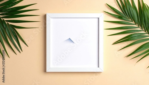 White frame on peach backdrop with green fronds framing the edges, with a simple blue triangle inside