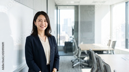 プロフィール写真をイメージした、モダンな企業の会議室にて、ホワイトボードの隣に立ち穏やかな笑顔をカメラに向けている20代日本人女性社員のバストアップポートレート