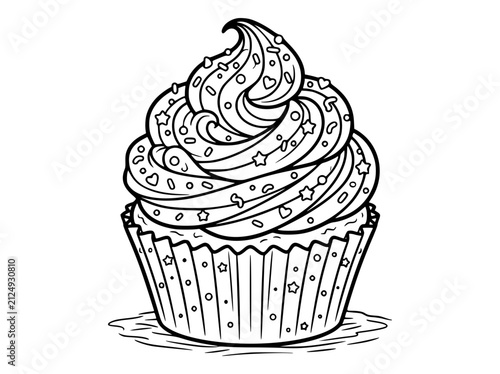 Принти на полотні Cupcake line art with frosting swirl and decorative star sprinkles