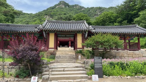 Chuncheon, South Korea - June 24, 2026: Beautiful historic architecture of the exterior of Cheongpyeongsa temple at Goryeoseonwon Buddhist Garden in the summer