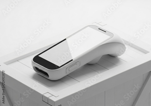 Modern White Handheld POS Terminal Device on Minimalist Crate