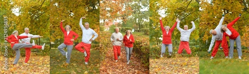 Active seniors practicing tai chi in autumn park